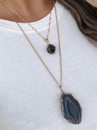 Colar Ágata Preta - Pedra natural- Semijoia